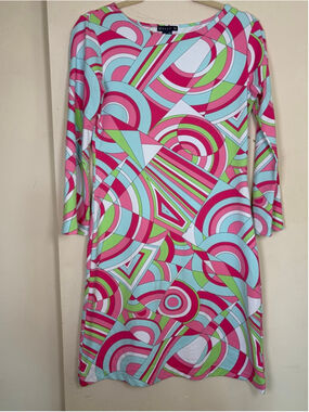 Melly M Mod Retro Geometric Op Art Shift Dress Pink Green Teal Size XS